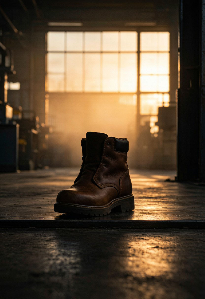 Bota de seguridad en el umbral de un taller al atardecer